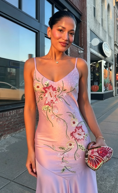 Pink Beaded Prom Dresses Sheath Long Satin Evening Gowns ED10998