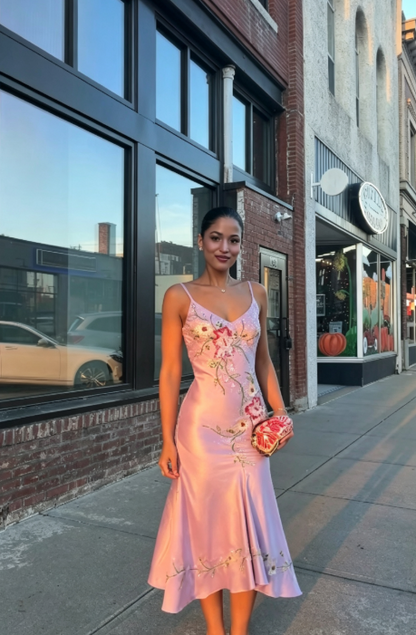Pink Beaded Prom Dresses Sheath Long Satin Evening Gowns ED10998