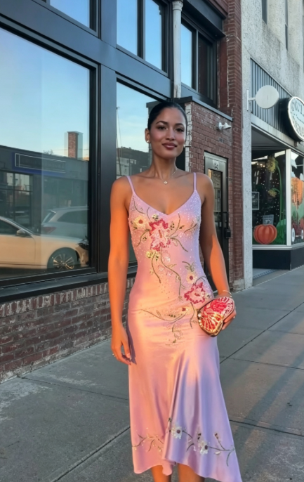 Pink Beaded Prom Dresses Sheath Long Satin Evening Gowns ED10998