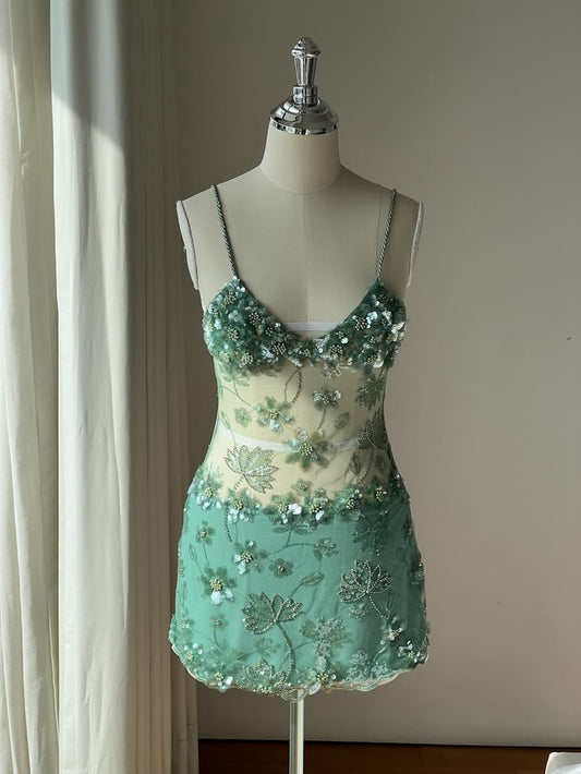Mint Green Straps Short Homecoming Dress Tulle Sequins Birthday Party Dress ED11022