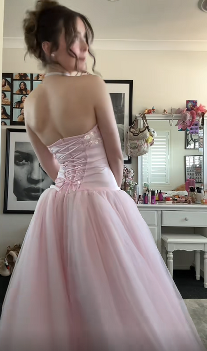 Trägerloses rosafarbenes Abiballkleid A-Linie langes Tüll-Abendkleid ED11032