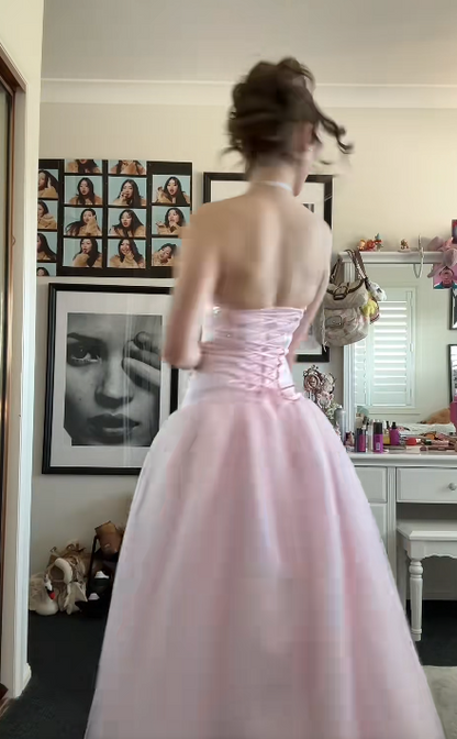 Trägerloses rosafarbenes Abiballkleid A-Linie langes Tüll-Abendkleid ED11032