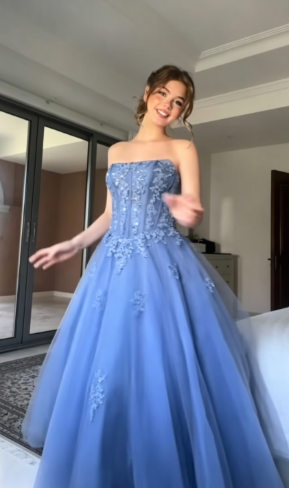 Strapless Blue Prom Dress A-Line Long Tulle Evening Dress ED11033