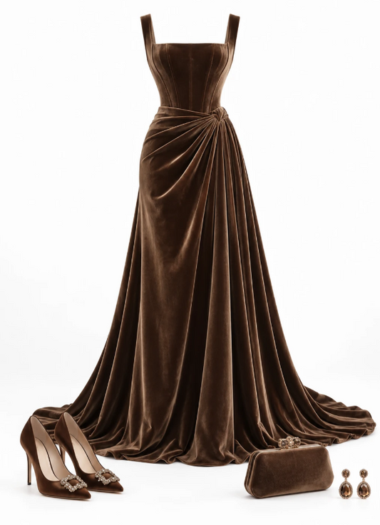 Brown Prom Dress A-Line Velvet Long Evening Dress ED11038