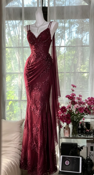 Robe de bal fourreau en mousseline bordeaux, robe de soirée longue ED11045