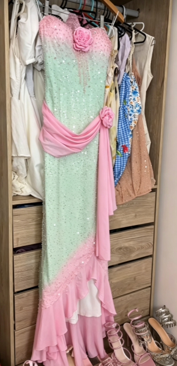 Pink Beaded Prom Dress Green Chiffon Long Evening Dress ED11047