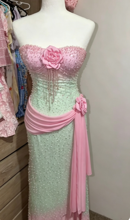 Pink Beaded Prom Dress Green Chiffon Long Evening Dress ED11047