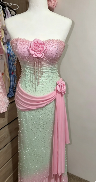 Pink Beaded Prom Dress Green Chiffon Long Evening Dress ED11047