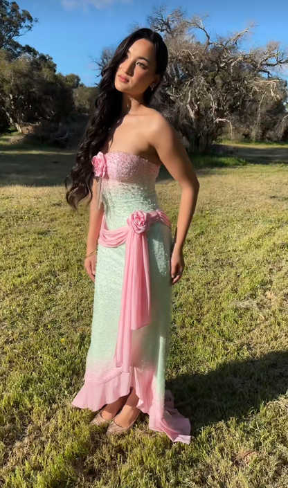 Pink Beaded Prom Dress Green Chiffon Long Evening Dress ED11047