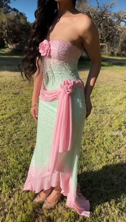 Pink Beaded Prom Dress Green Chiffon Long Evening Dress ED11047