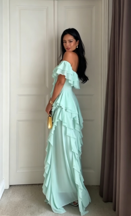 Robe de bal fourreau bleu Tiffany en mousseline longue robe de soirée ED11051