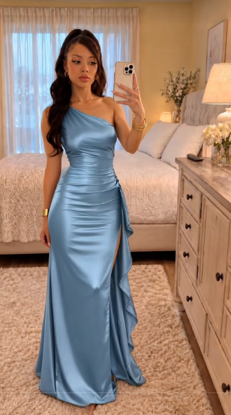 Blaues Etuikleid für den Abschlussball, langes Abendkleid aus Satin ED11053