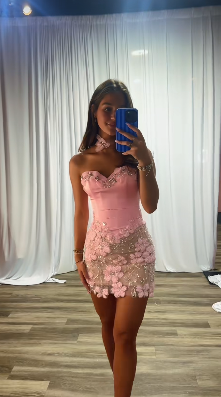 Pink Appliques Short Homecoming Dresses Bodycon Satin Birthday Party Dress ED11056