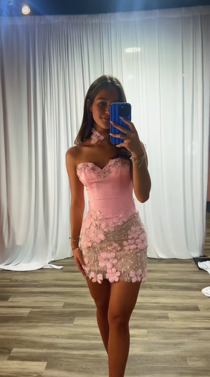 Pink Appliques Short Homecoming Dresses Bodycon Satin Birthday Party Dress ED11056