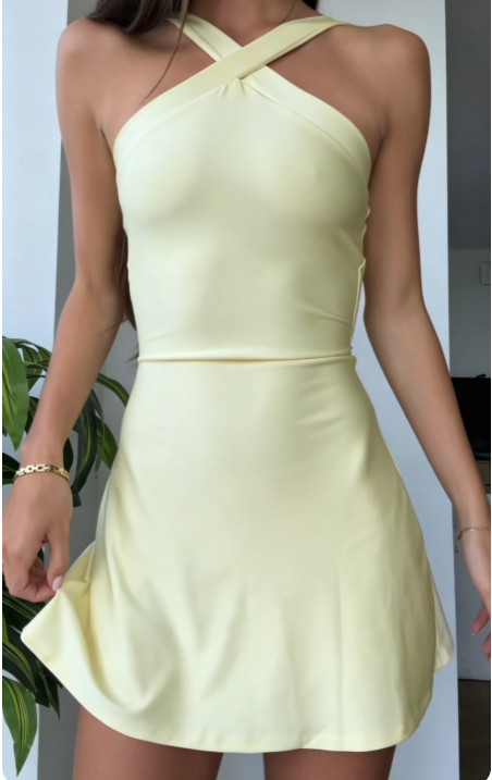 Robe de soirée courte jaune, coupe fourreau en satin pour anniversaire ED11057
