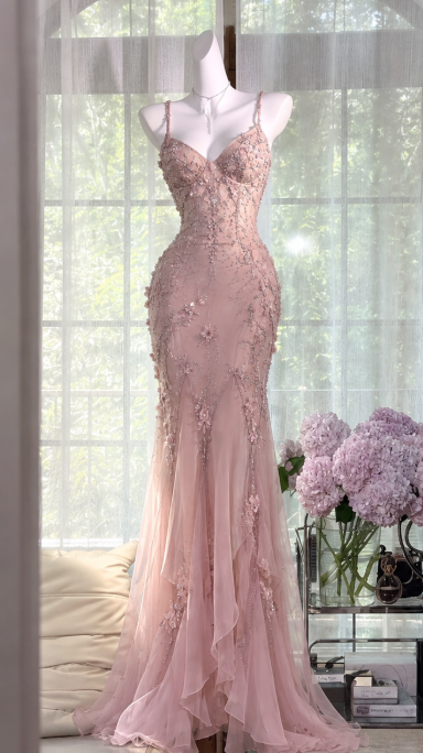 Pink Beaded Prom Dress Sheath Chiffon Long Evening Dress ED11098