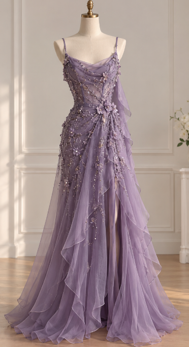 Lavender Beaded Prom Dress  Sheath Chiffon Long Evening Dress ED11099