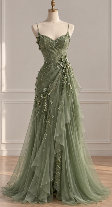 Sage Beaded Prom Dress Sheath Chiffon Birthday  Long Evening Dress ED11100