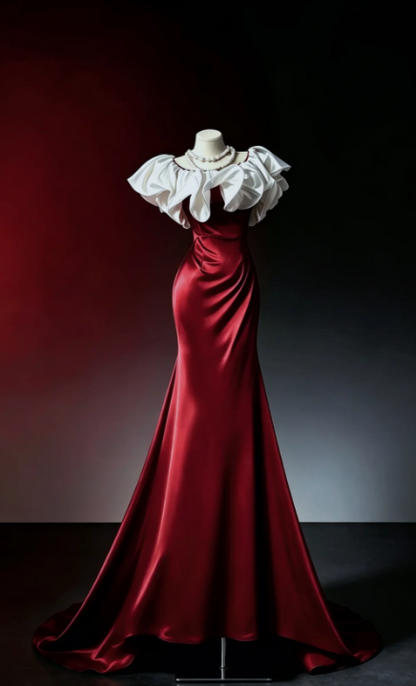 Robe de bal sirène en satin bordeaux longue robe de soirée ED11102