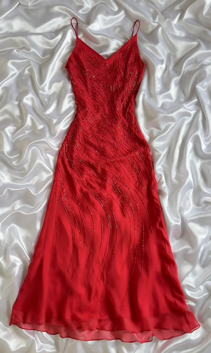 Red Beaded Prom Dress Sheath Chiffon Long Evening Dress ED11105
