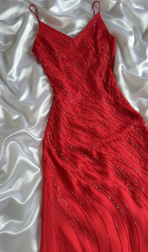 Red Beaded Prom Dress Sheath Chiffon Long Evening Dress ED11105
