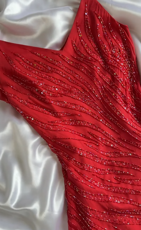 Red Beaded Prom Dress Sheath Chiffon Long Evening Dress ED11105