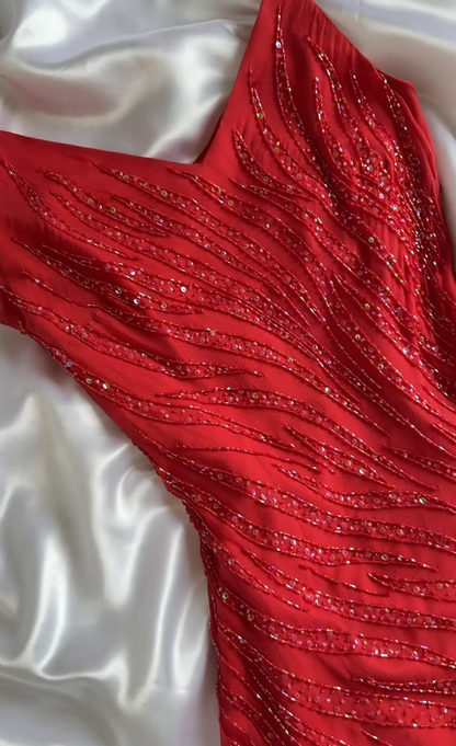 Red Beaded Prom Dress Sheath Chiffon Long Evening Dress ED11105