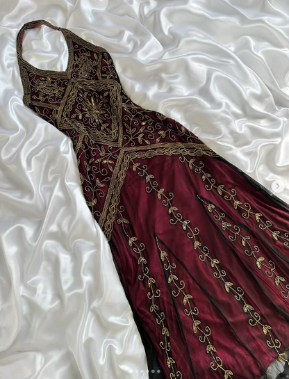 Burgundy Beaded Prom Dress Sheath Chiffon Long Evening Dress ED11106