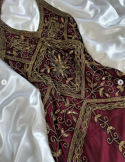 Burgundy Beaded Prom Dress Sheath Chiffon Long Evening Dress ED11106