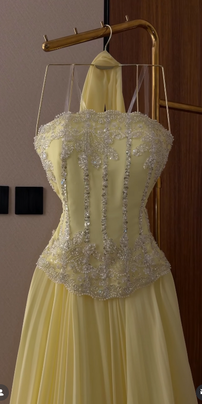 Pale Yellow Beaded Prom Dress Sheath Chiffon Long Evening Dress ED11109