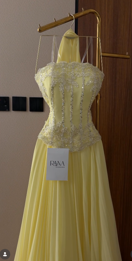 Pale Yellow Beaded Prom Dress Sheath Chiffon Long Evening Dress ED11109