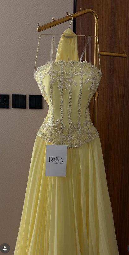 Pale Yellow Beaded Prom Dress Sheath Chiffon Long Evening Dress ED11109