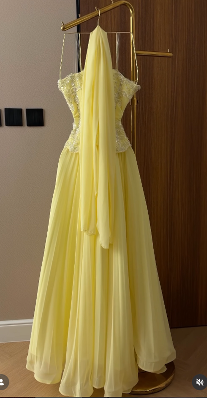 Pale Yellow Beaded Prom Dress Sheath Chiffon Long Evening Dress ED11109