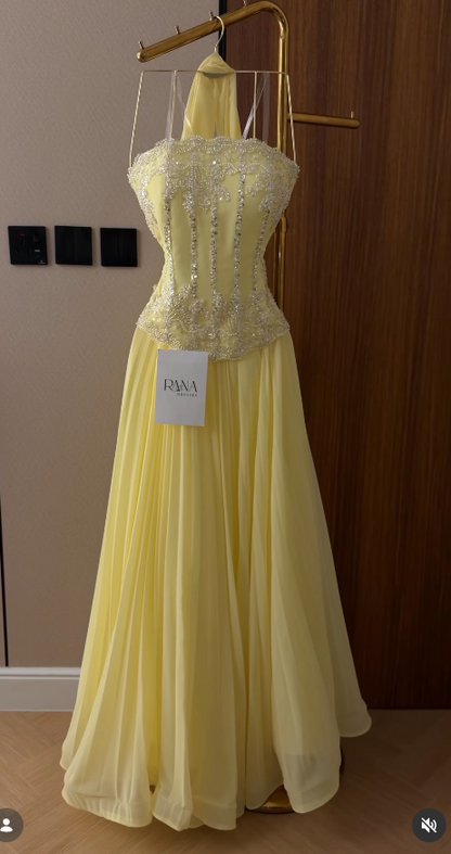 Pale Yellow Beaded Prom Dress Sheath Chiffon Long Evening Dress ED11109