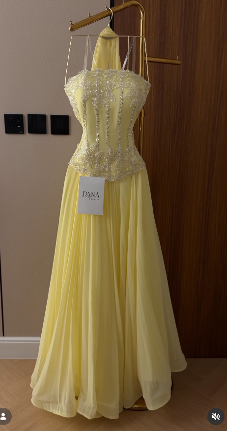 Pale Yellow Beaded Prom Dress Sheath Chiffon Long Evening Dress ED11109