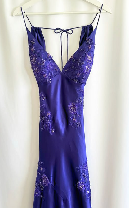 Dark Purple Prom Dress Sheath Satin Beaded Long Evening Dress ED11112