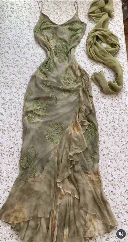 Green Beaded Prom Dress Sheath Chiffon Long Evening Dress ED11126