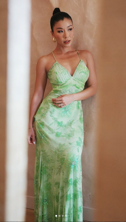Green Beaded Prom Dress Sheath Chiffon Long Evening Dress ED11127