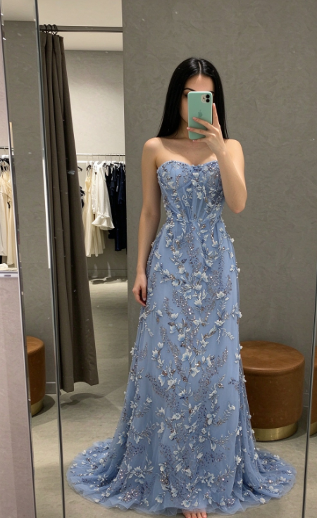 Blue Prom Dress Sheath Tulle Long Evening Dress ED11132