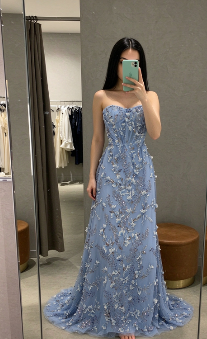 Blue Prom Dress Sheath Tulle Long Evening Dress ED11132