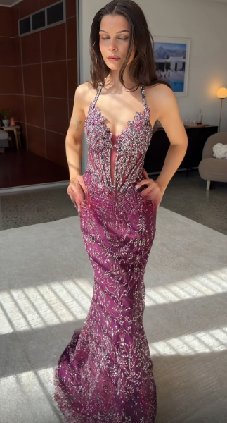 Grape Prom Dress Sheath Tulle Beaded Long Evening Dress ED11136