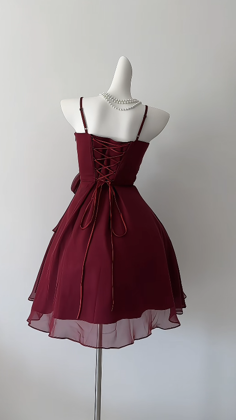 Jolie robe de bal courte bordeaux en tulle coupe trapèze pour anniversaire ED11144