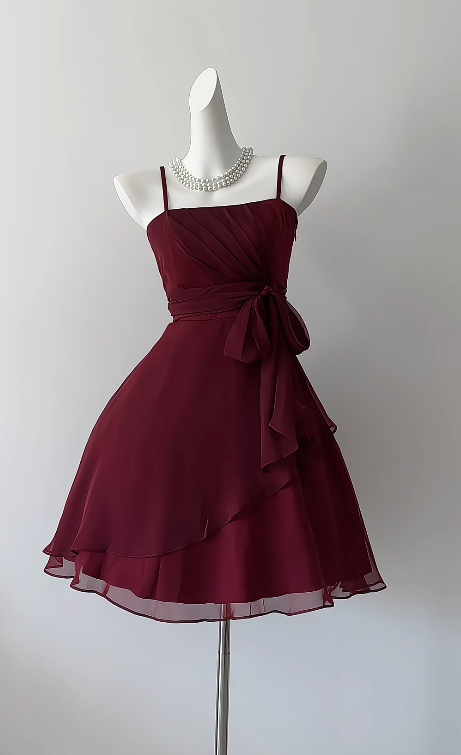 Jolie robe de bal courte bordeaux en tulle coupe trapèze pour anniversaire ED11144