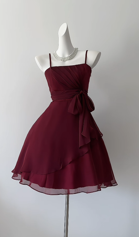 Jolie robe de bal courte bordeaux en tulle coupe trapèze pour anniversaire ED11144