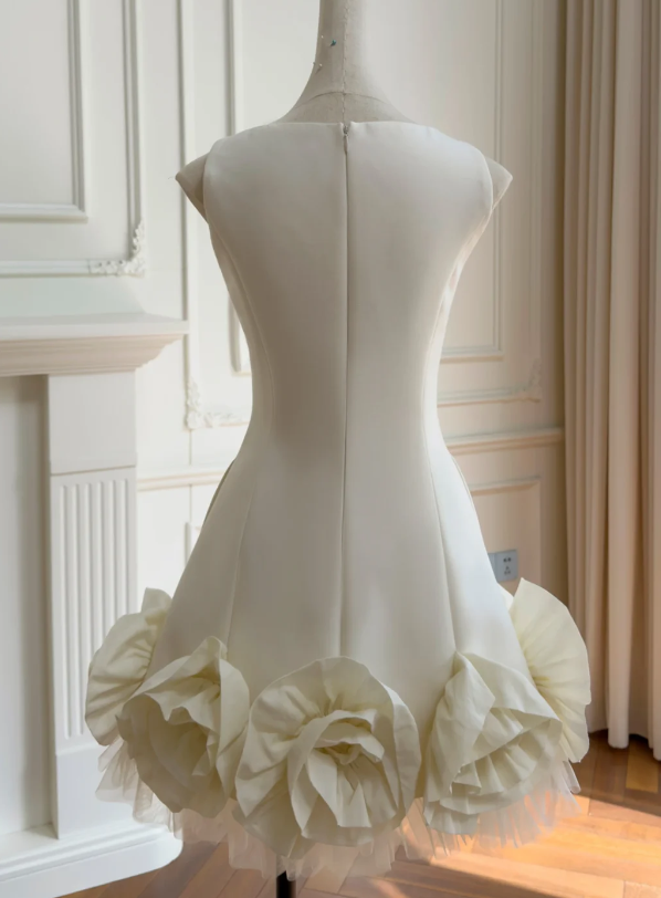 Jolie robe de bal courte blanche, coupe fourreau en mousseline, robe de fête d'anniversaire ED11150