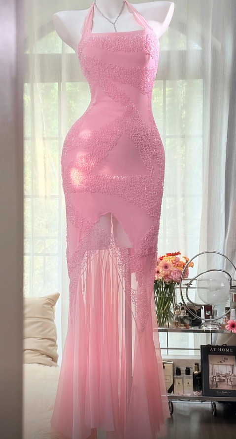 Pretty Pink Beaded Prom Dress Sheath Chiffon Long Evening Dress ED11151