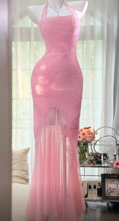 Pretty Pink Beaded Prom Dress Sheath Chiffon Long Evening Dress ED11151