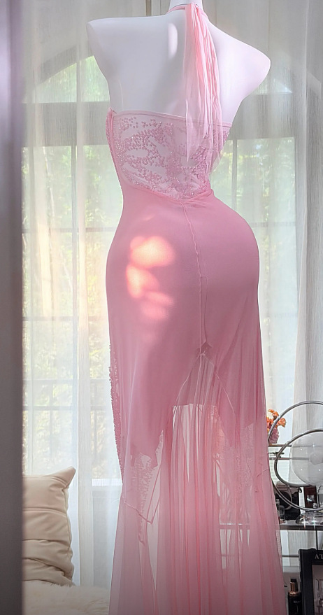 Pretty Pink Beaded Prom Dress Sheath Chiffon Long Evening Dress ED11151