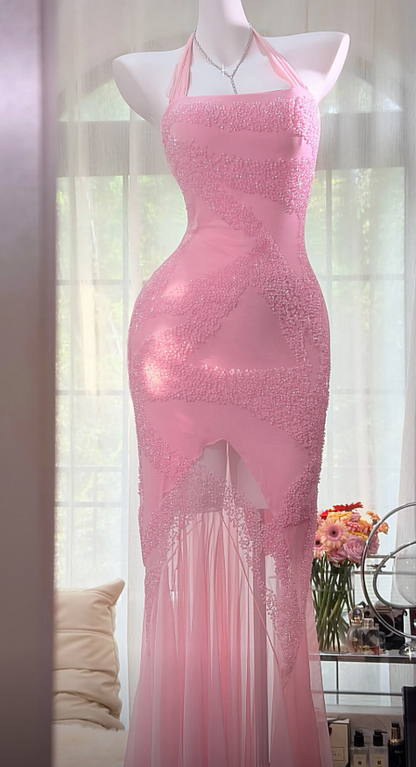 Pretty Pink Beaded Prom Dress Sheath Chiffon Long Evening Dress ED11151