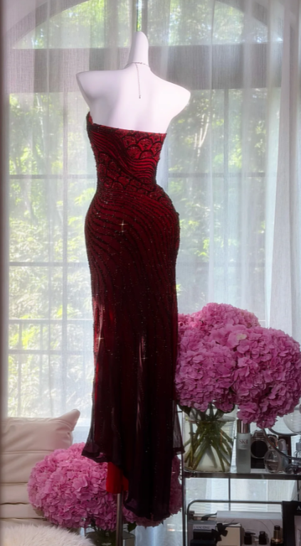Pretty Burgundy Beaded Prom Dress Sheath Chiffon Long Evening Dress ED11152